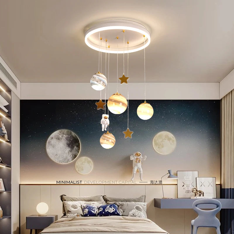 Modern LED Chandelier Glass Ball Light - Kids Planet Astronaut Ceiling Lamp for Children's Room Study Bedroom Decor Light Fixtures