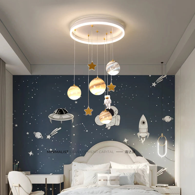 Modern LED Chandelier Glass Ball Light - Kids Planet Astronaut Ceiling Lamp for Children's Room Study Bedroom Decor Light Fixtures