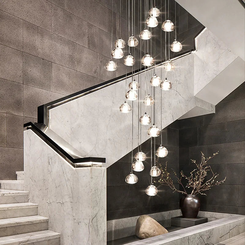 Modern Hanging Crystal Pendant Light - Contemporary Designer Fixture for Staircase, Living Room, and Stairwell