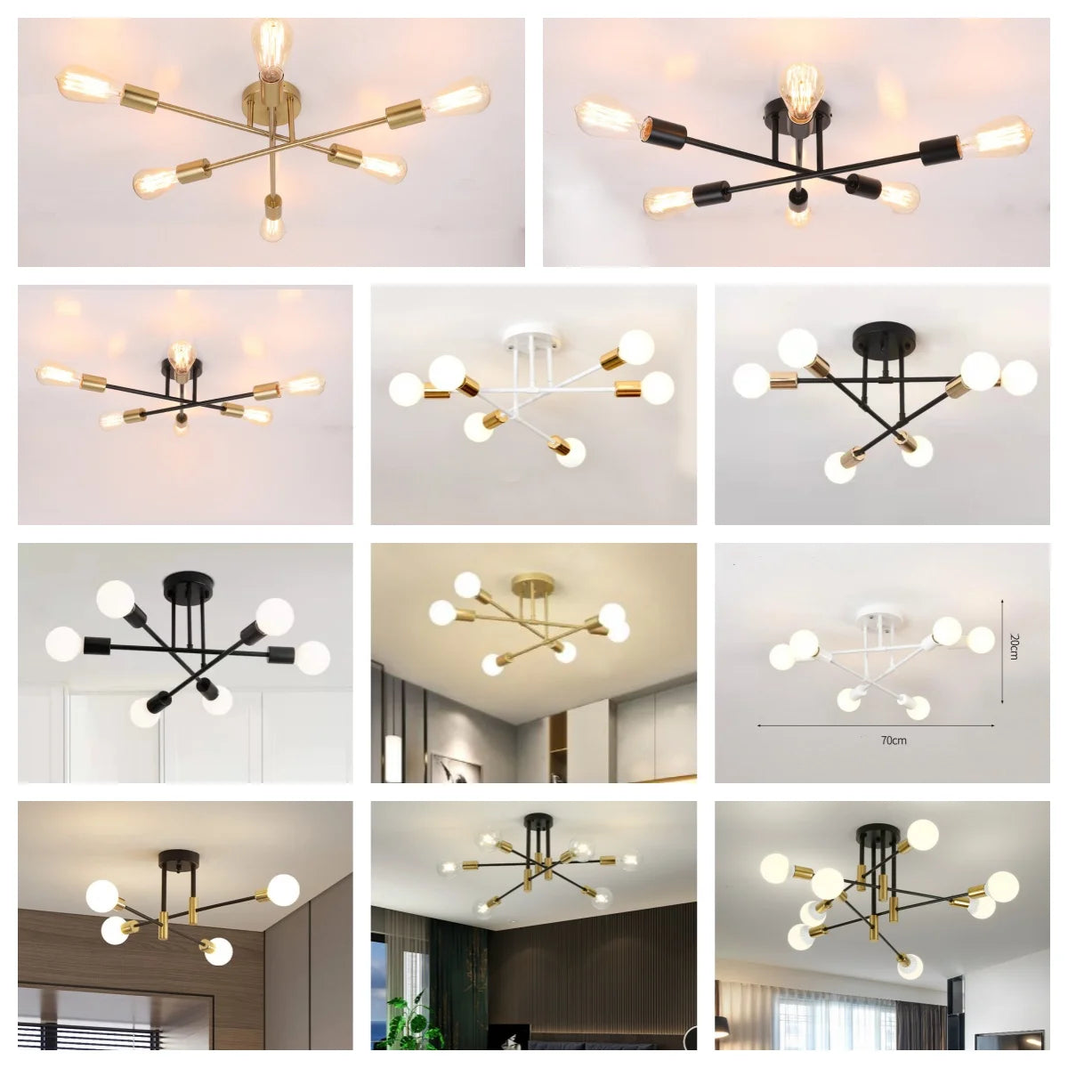 Modern Sputnik Chandelier - Nordic Semi Flush Mount Ceiling Lamp for Brushed Antique Gold Home Decor