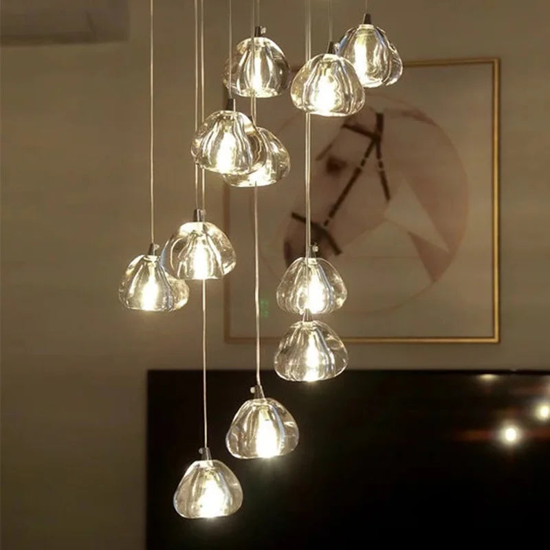 Modern Hanging Crystal Pendant Light - Contemporary Designer Fixture for Staircase, Living Room, and Stairwell