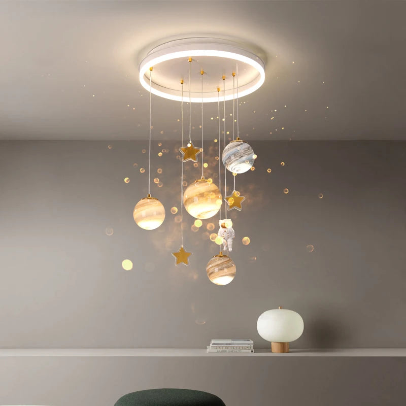 Modern LED Chandelier Glass Ball Light - Kids Planet Astronaut Ceiling Lamp for Children's Room Study Bedroom Decor Light Fixtures