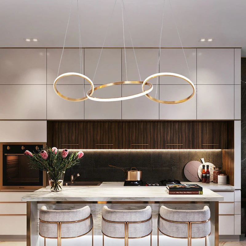 Modern LED Chandelier - Gold Circle Ring Pendant Lamp for Living Room, Dining, Kitchen