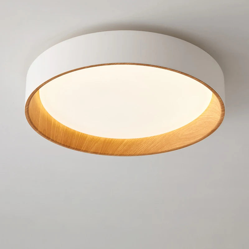 Contemporary Nordic LED Bedroom Chandelier - Ultra-thin Round Living Room Lighting Fixture with Remote Control Dimming - Solid Wood Ceiling Lamp