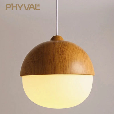 Nordic Wood Grain Iron Glass Pendant Lamp - Modern Nut Round E27 Hanging Light for Living Room and Bedroom Decor