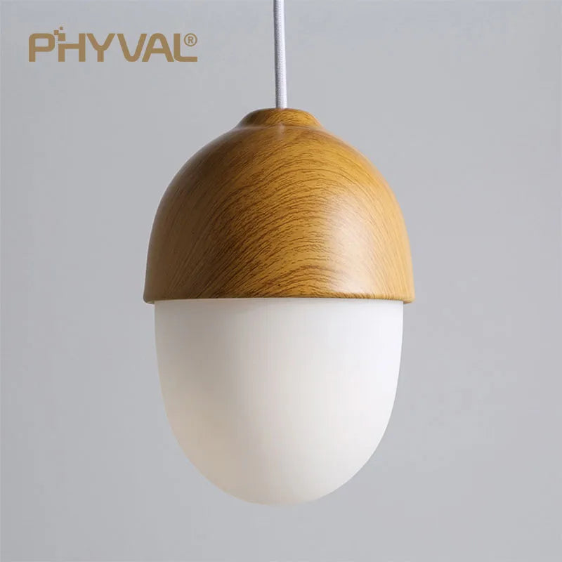 Nordic Wood Grain Iron Glass Pendant Lamp - Modern Nut Round E27 Hanging Light for Living Room and Bedroom Decor