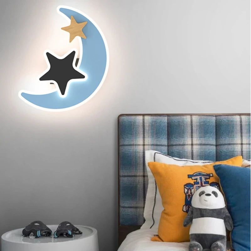 LED Wall Lamp - Modern Cartoon Children's Bedroom Lighting with Creative Moon, Star, and Rocket Designs