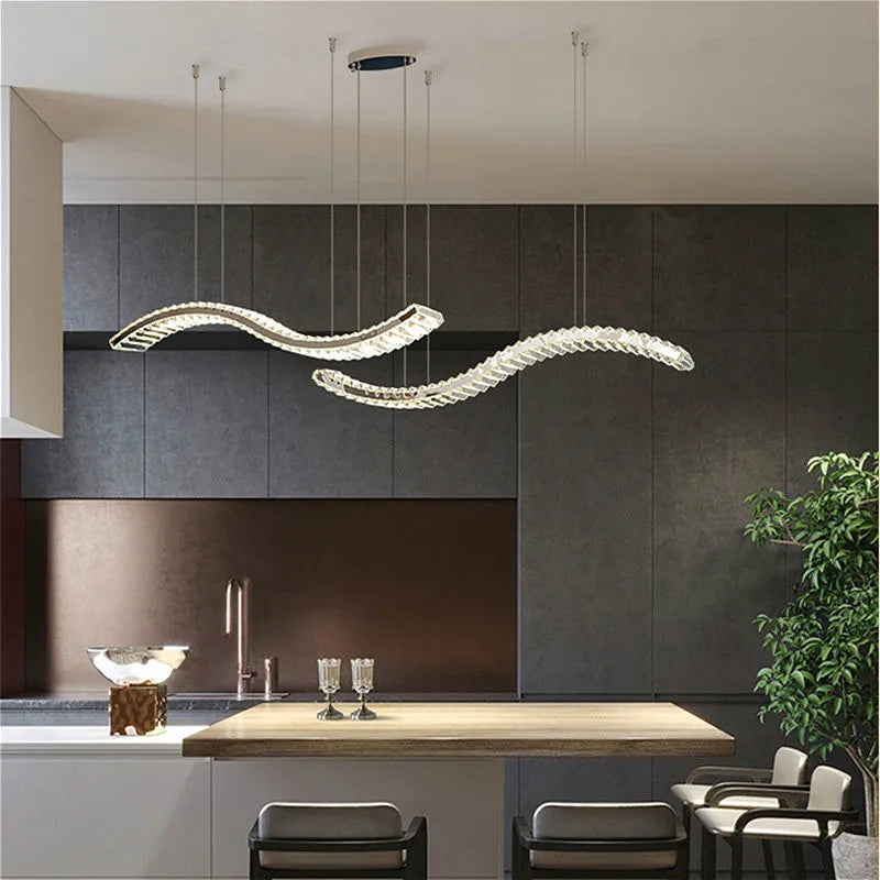 Modern Crystal Chandelier Stainless Steel - Gold Silver Long Strip Combination Hanging Lamp for Kitchen Island, Dining Room