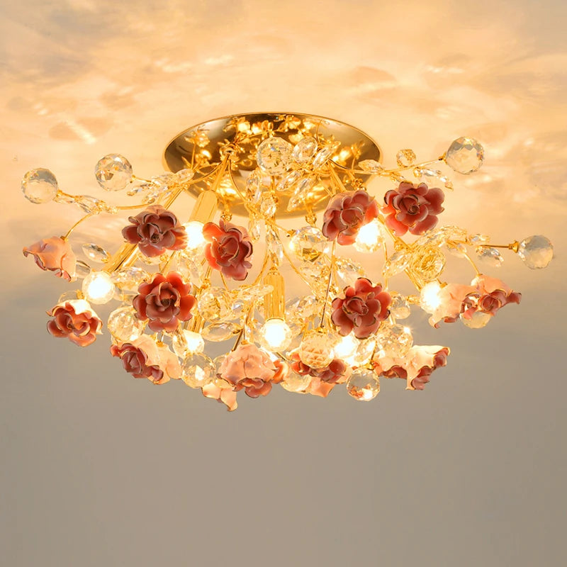 Luxurious Bedroom Ceiling Lamp with Round Ceramic Flower Crystal Design for Nordic Living Rooms