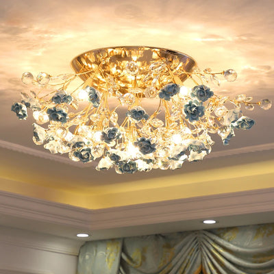 Luxurious Bedroom Ceiling Lamp with Round Ceramic Flower Crystal Design for Nordic Living Rooms