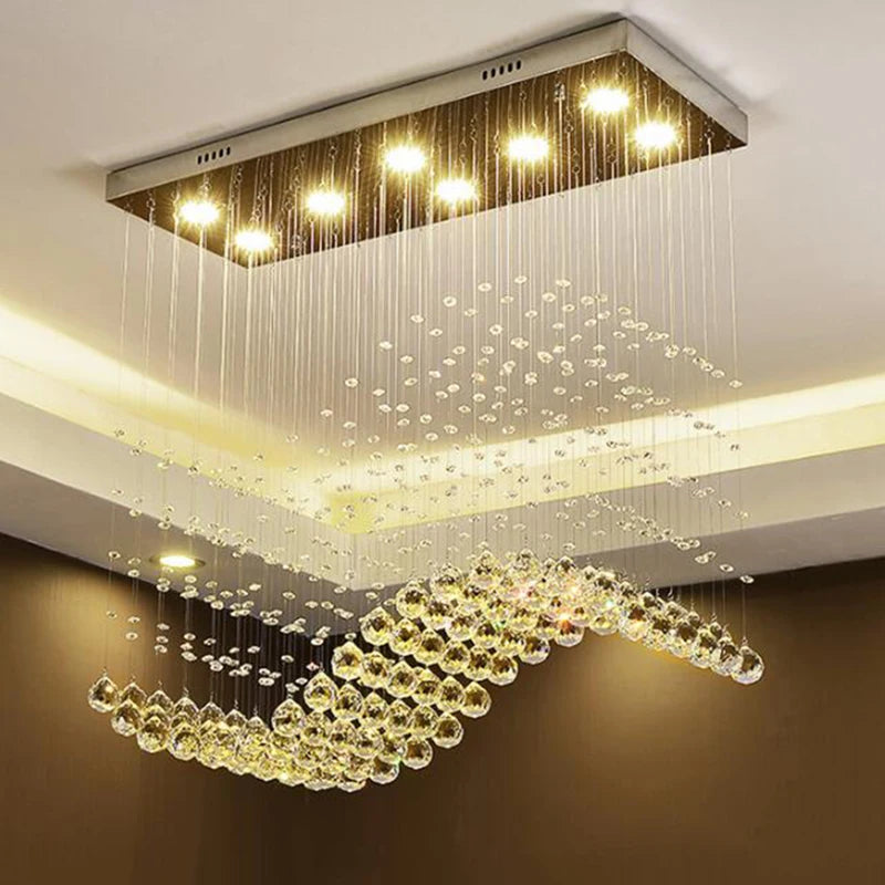 Rectangle Crystal Chandelier Wave Shape Hanging Luminaire Light Fixtures