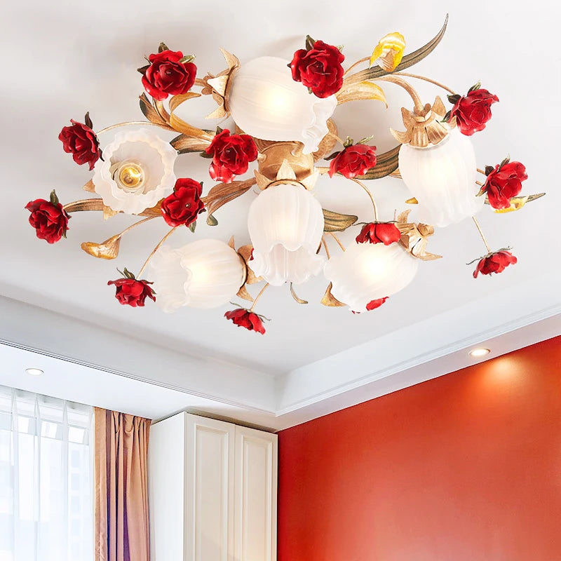 Elegant Red Rose LED Chandelier for Living Room and Girls' Room