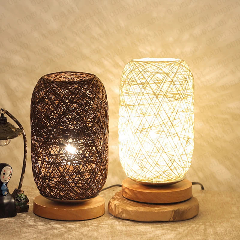 Rustic Rattan Twine Ball Table Lamp with Wooden Base - USB and EU Plug