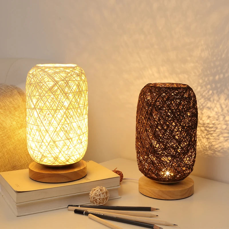 Rustic Rattan Twine Ball Table Lamp with Wooden Base - USB and EU Plug