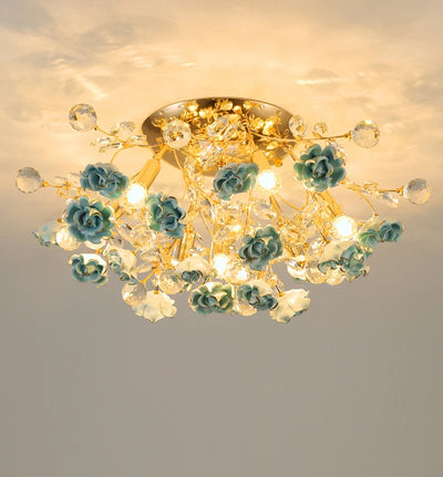 Luxurious Bedroom Ceiling Lamp with Round Ceramic Flower Crystal Design for Nordic Living Rooms