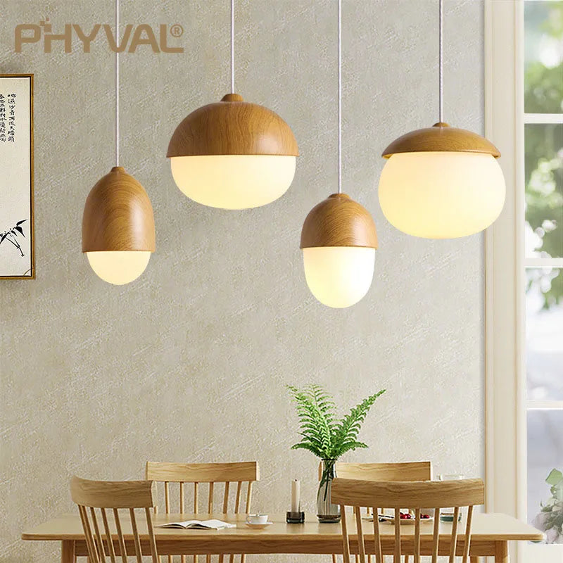 Nordic Wood Grain Iron Glass Pendant Lamp - Modern Nut Round E27 Hanging Light for Living Room and Bedroom Decor