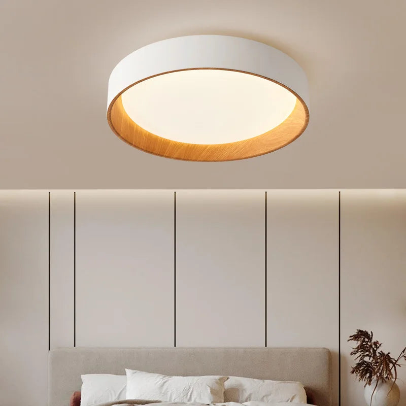 Contemporary Nordic LED Bedroom Chandelier - Ultra-thin Round Living Room Lighting Fixture with Remote Control Dimming - Solid Wood Ceiling Lamp