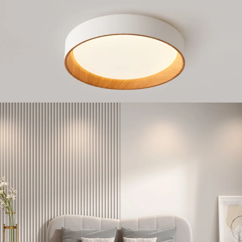 Contemporary Nordic LED Bedroom Chandelier - Ultra-thin Round Living Room Lighting Fixture with Remote Control Dimming - Solid Wood Ceiling Lamp