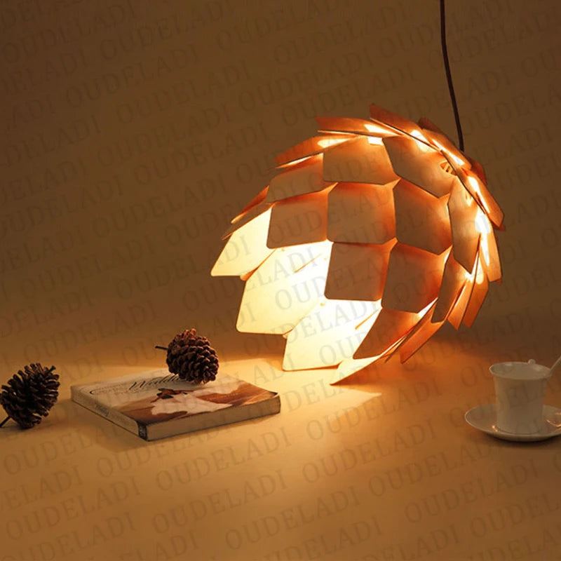 Modern Art Oak Pine Cone E27 Pendant Light – Handmade Smart Puzzle Design for Restaurant, Bedroom, and Café