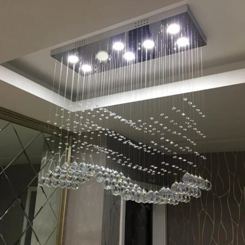 Rectangle Crystal Chandelier Wave Shape Hanging Luminaire Light Fixtures