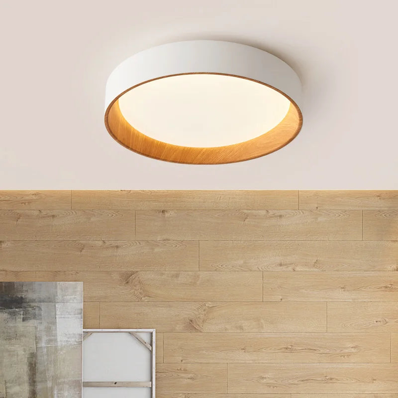 Contemporary Nordic LED Bedroom Chandelier - Ultra-thin Round Living Room Lighting Fixture with Remote Control Dimming - Solid Wood Ceiling Lamp