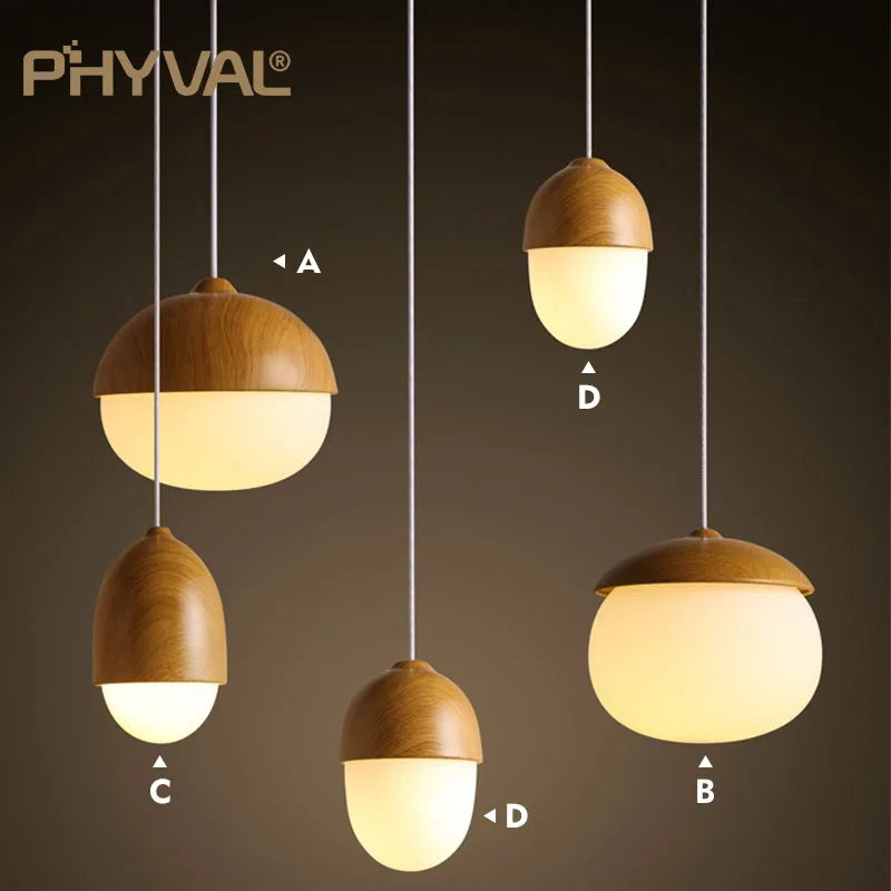 Nordic Wood Grain Iron Glass Pendant Lamp - Modern Nut Round E27 Hanging Light for Living Room and Bedroom Decor