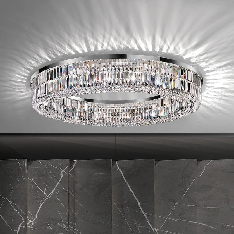 Modern Living Room Chandeliers - Round/Square/Rectangle Chrome Hanging Light Fixtures with Crystal for Bedroom Decor