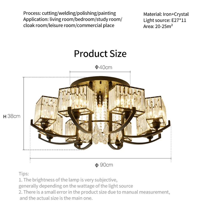 Luxury LED Chandelier - Retro Crystal Style Design with Black Iron Finish