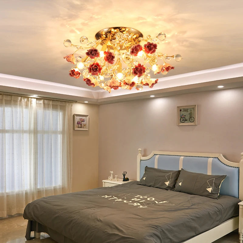 Luxurious Bedroom Ceiling Lamp with Round Ceramic Flower Crystal Design for Nordic Living Rooms