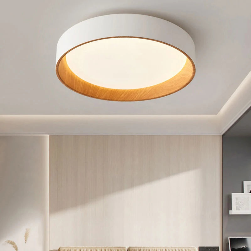 Contemporary Nordic LED Bedroom Chandelier - Ultra-thin Round Living Room Lighting Fixture with Remote Control Dimming - Solid Wood Ceiling Lamp