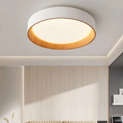 Contemporary Nordic LED Bedroom Chandelier - Ultra-thin Round Living Room Lighting Fixture with Remote Control Dimming - Solid Wood Ceiling Lamp