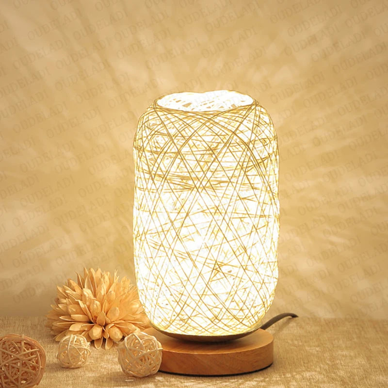 Rustic Rattan Twine Ball Table Lamp with Wooden Base - USB and EU Plug