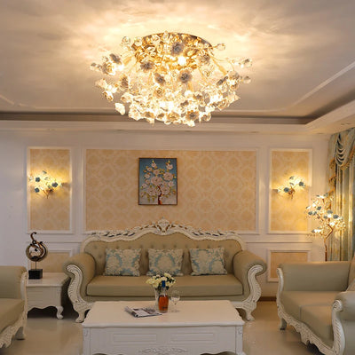 Luxurious Bedroom Ceiling Lamp with Round Ceramic Flower Crystal Design for Nordic Living Rooms