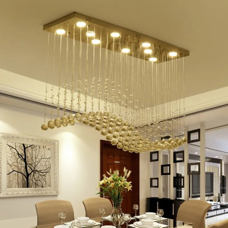 Rectangle Crystal Chandelier Wave Shape Hanging Luminaire Light Fixtures