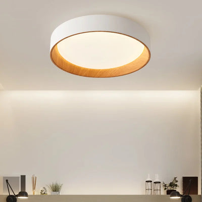 Contemporary Nordic LED Bedroom Chandelier - Ultra-thin Round Living Room Lighting Fixture with Remote Control Dimming - Solid Wood Ceiling Lamp