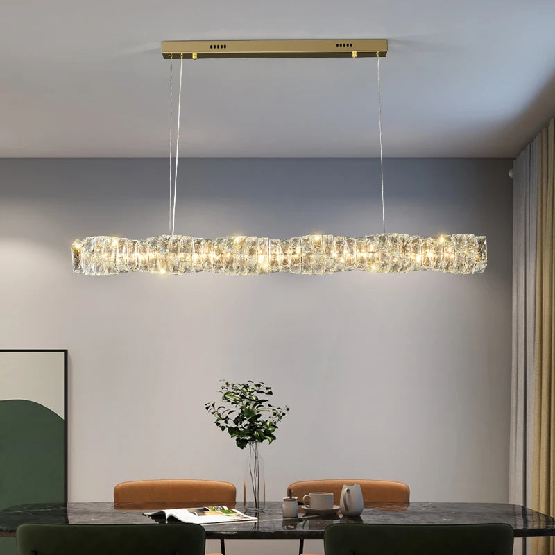 Luxurious Crystal Pendant Light - Modern Gold Chrome Metal Dining Room Strip Lamp for Kitchen