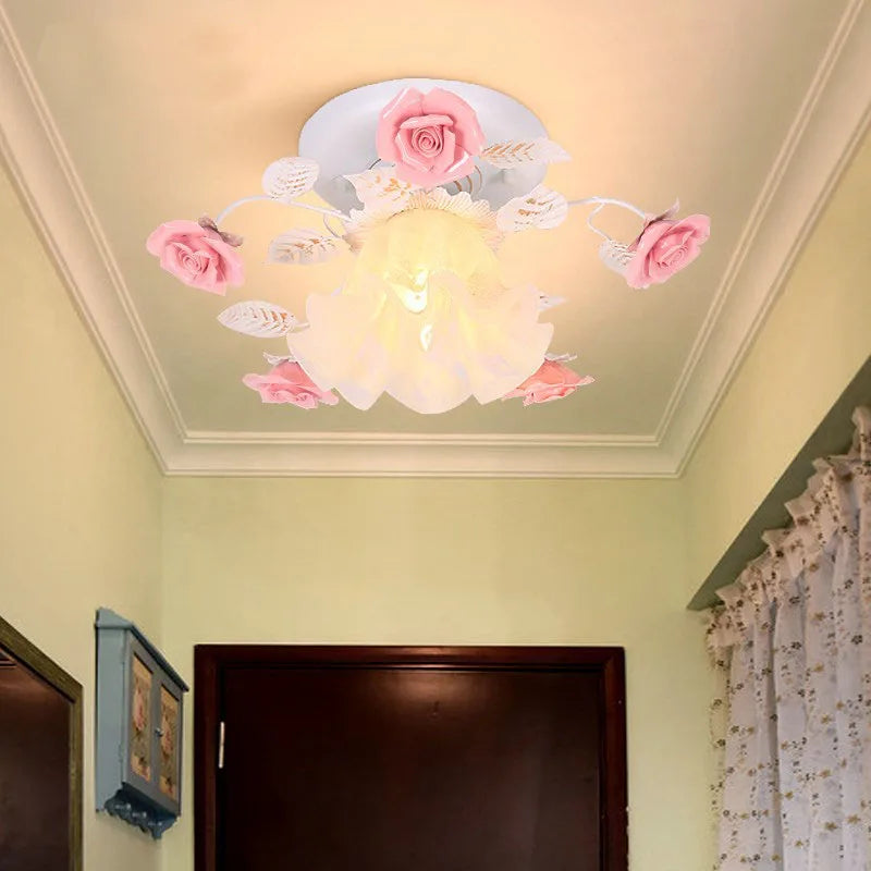 Elegant Japanese Pastoral Ceiling Light with Rose Wrought Iron Design for Home Lighting