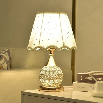 Luxury European Style LED Table Lamp with Fabric Lampshade & Crystal Base – Warm Romantic Bedroom Bedside Light