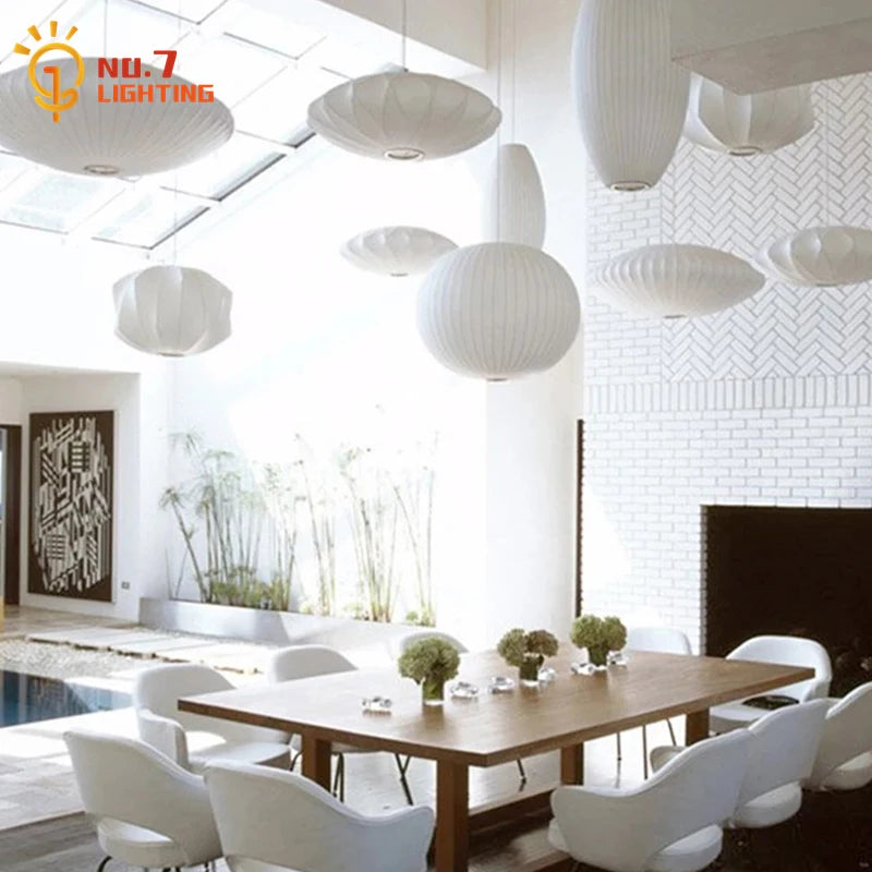 Japanese Design Minimalist White Silk Pendant Lights - LED Decorative Hanging Lamp for Home, Restaurant, and Kitchen Island