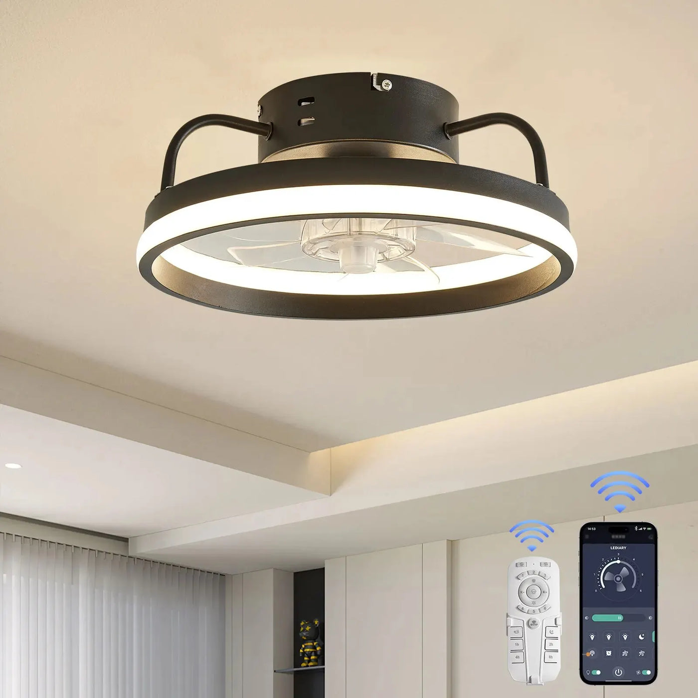 Modern Flush Mount Ceiling Fan with Lights and Remote