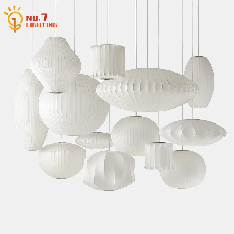 Japanese Design Minimalist White Silk Pendant Lights - LED Decorative Hanging Lamp for Home, Restaurant, and Kitchen Island