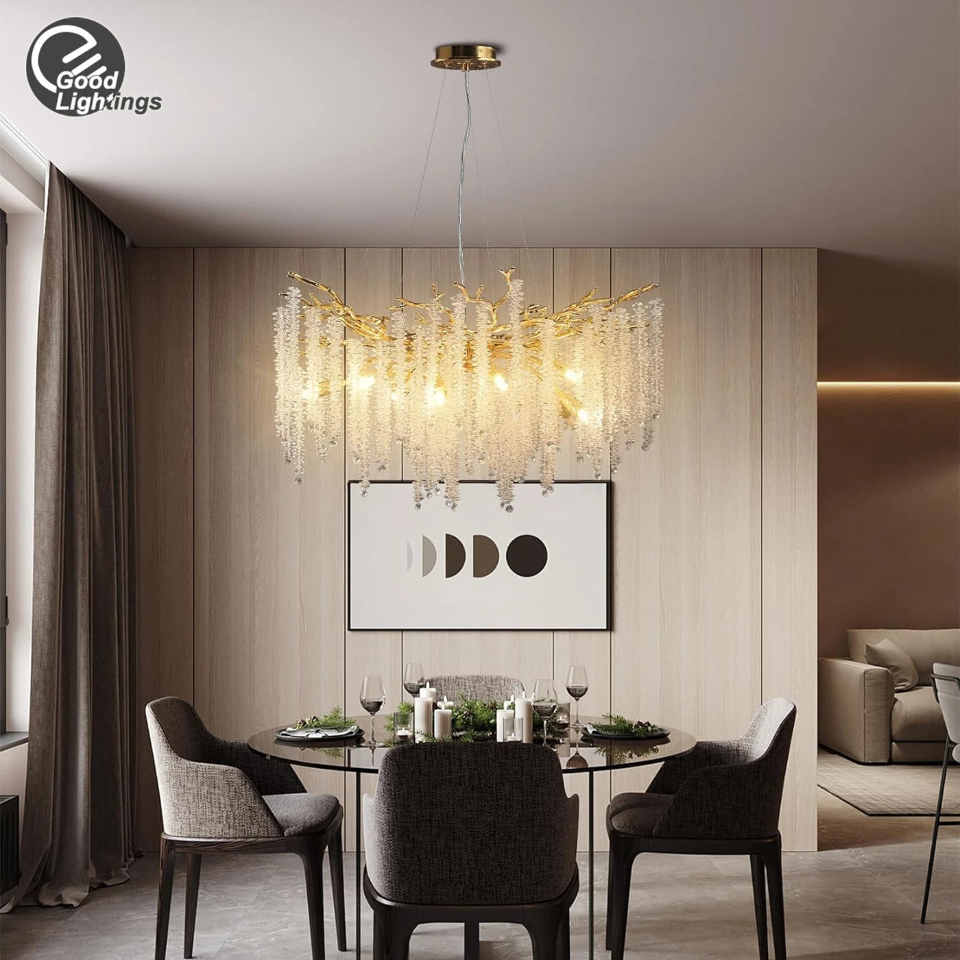 Luxury Round Gold Branch Crystal Chandelier - Elegant Lighting Fixture for Opulent Interiors