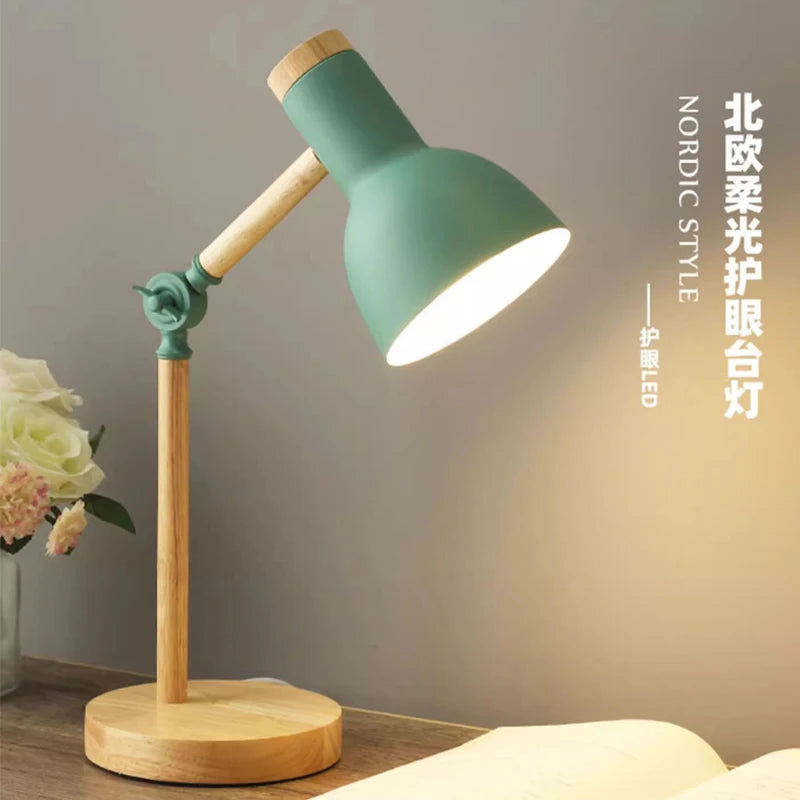 Creative Nordic Table Lamp | Wooden Art LED Turn Head Desk Light for Bedroom, Study & Eye Protection