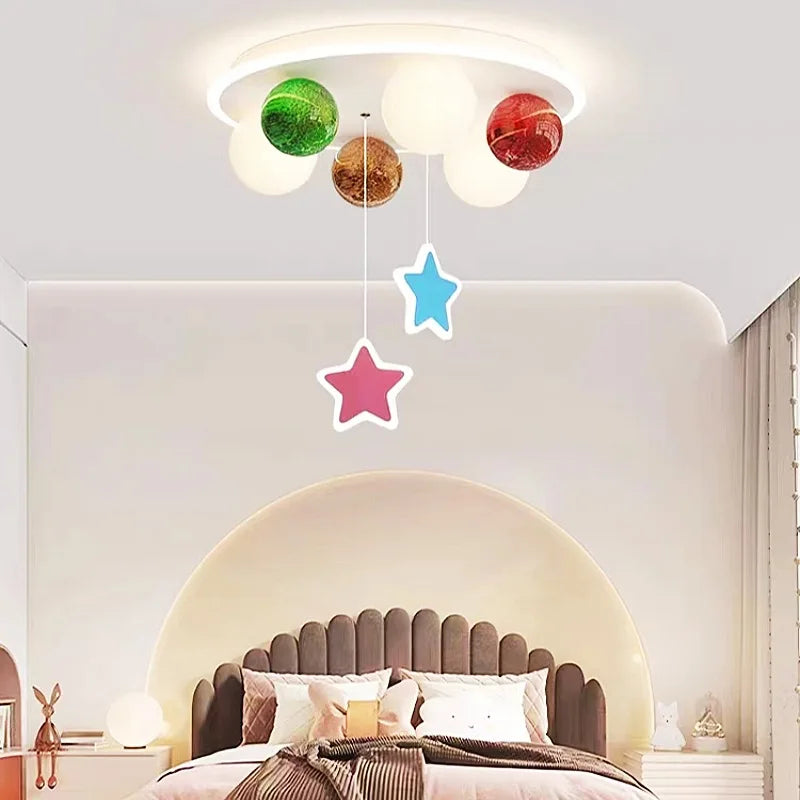 Colorful Glass Chandelier with Hanging Star Bubble Ball - Modern Ceiling Lamp for Kids' Bedroom