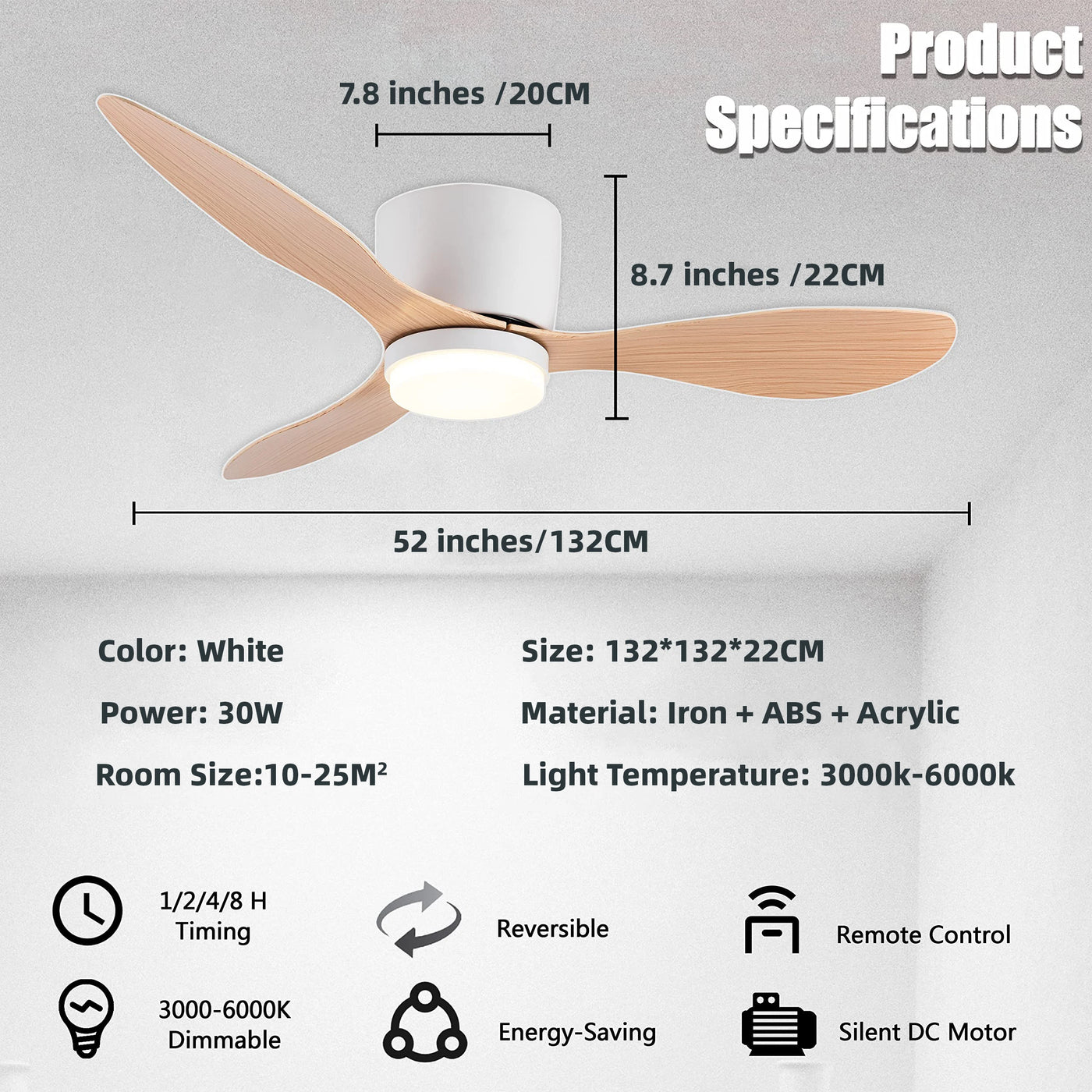 IRALAN Ceiling Fan with LED Light - 52 inch DC Motor, Remote Control, Modern Design, White