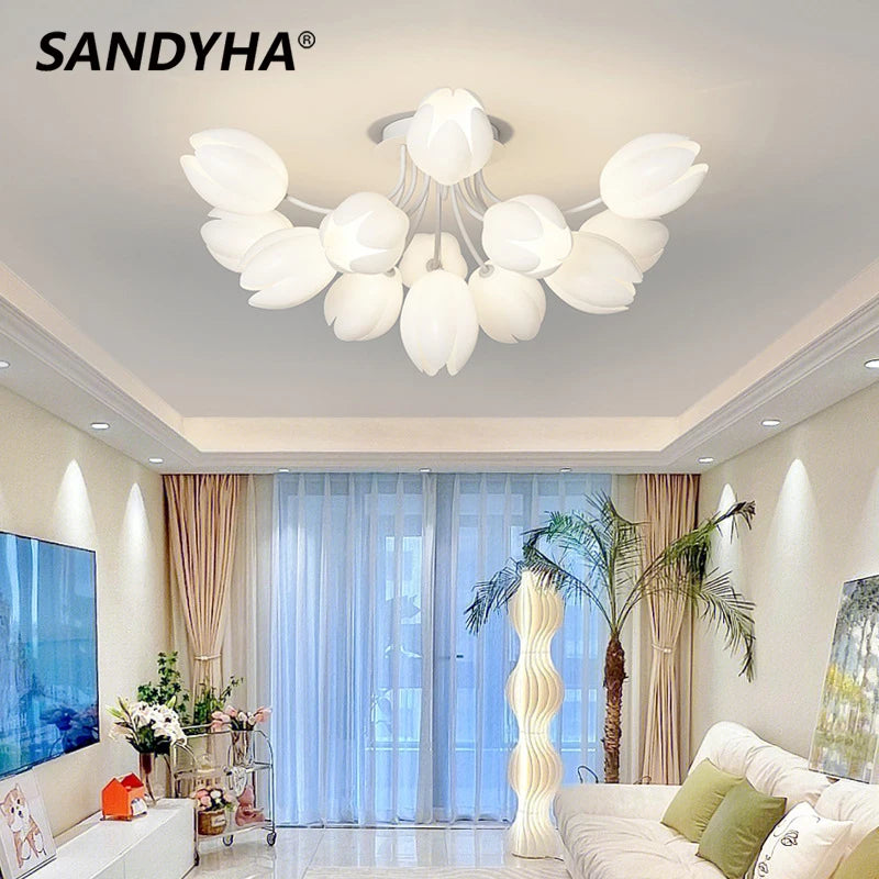 Nordic White Lily Blossom LED Chandeliers - Lamparas De Techo Ceiling Light