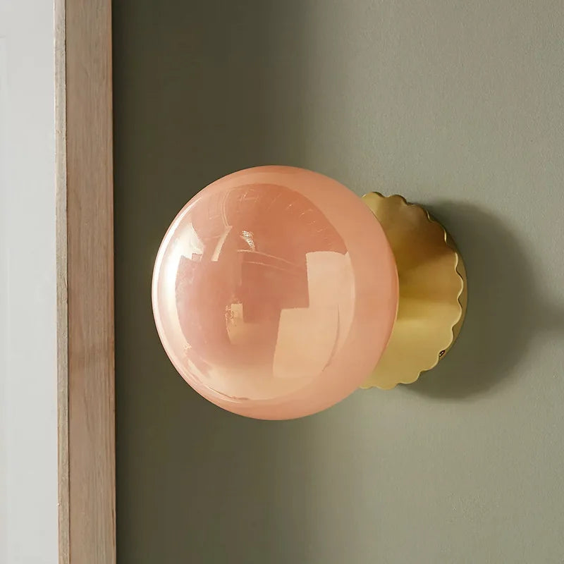 Retro Glass LED Wall Lamp - Nordic Pink Pearl Wall Sconce for Bedside Decor