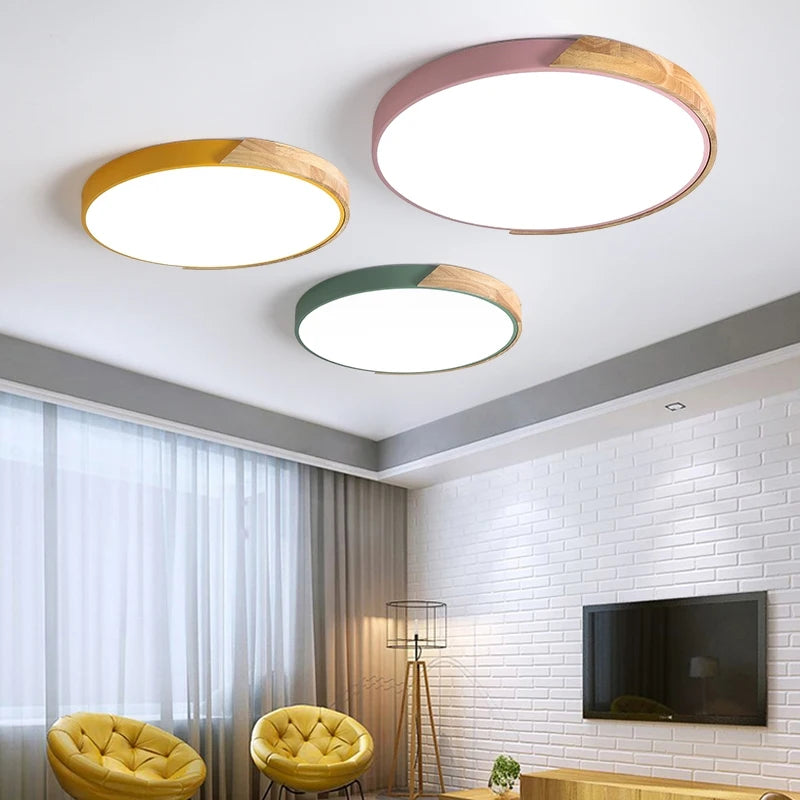 Wood Round LED Ceiling Lights | Modern Lighting Fixture for Children's Bedroom, Restaurant, and Home Decor