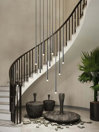 Modern Black LED Staircase Chandeliers Round Tube Long Line Hanging Lamps For Stair Island Nordic Attic Indoor Lighting Fixtures