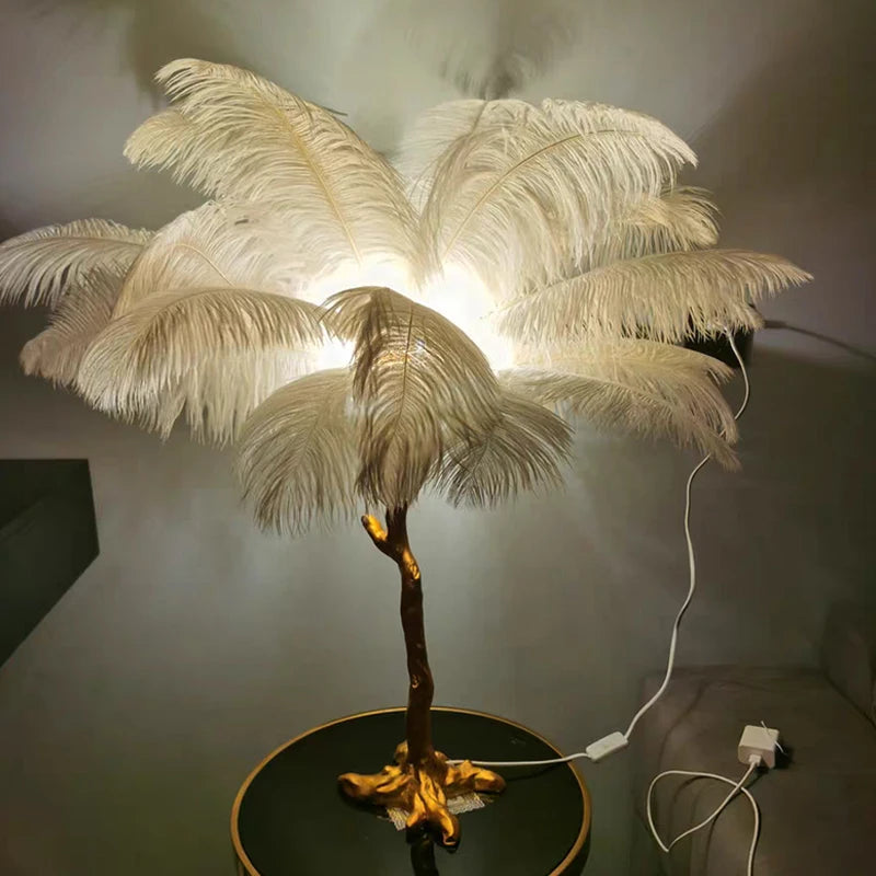 Nordic Ostrich Feather LED Floor Lamp - Resin Copper Standing Light for Living Room Bedroom Home Decor